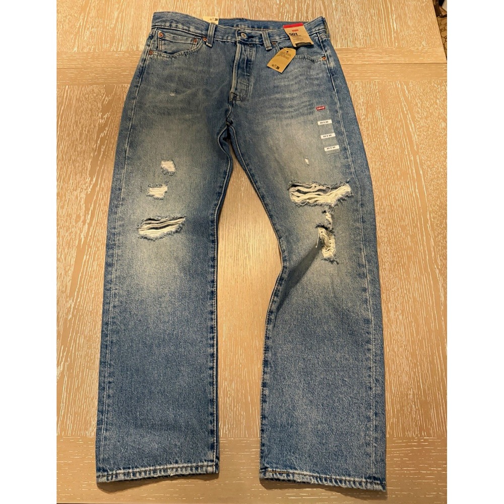 Levi's Men's 501 33x30 Straight Leg Medium Wash Blue Distressed Jeans NWT